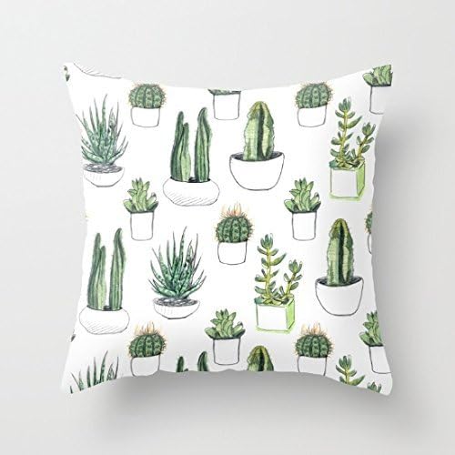 Sofapartner Watercolour Cacti and Succulent Polyester Throw Pillow Cover 18"x 18"