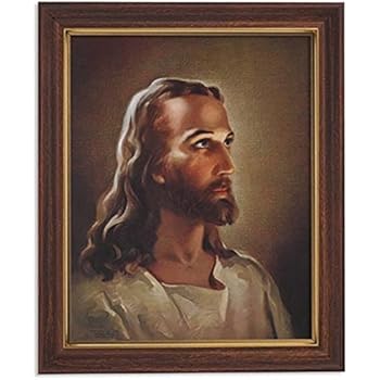 Gerffert Collection Sallman Head of Christ Catholic Framed Portrait Print, 13 Inch (Wood Tone Finish Frame)