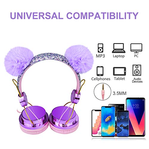 Kids Headphones, Purple POM POM Bear Ear 2020 Upgraded w/Adjustable