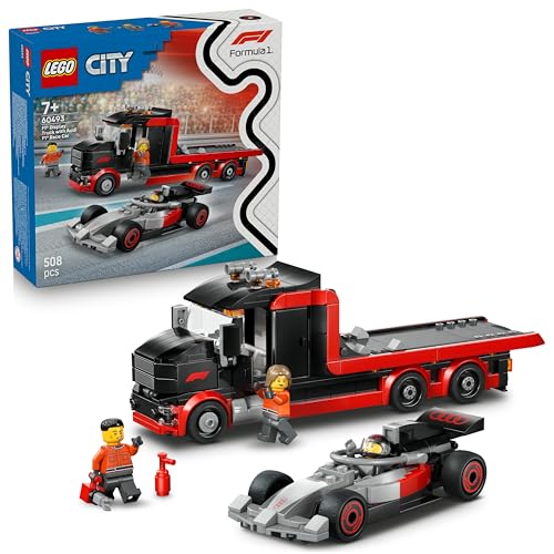 City Display Truck F1 con Auto da Corsa Audi F1 Giocattolo - Kit con 3 Minifigure e Funzione di Sollevamento Veicoli - Idea Regalo per Bambini da 7 Anni in su Fan degli Sport Motoristici - 60493