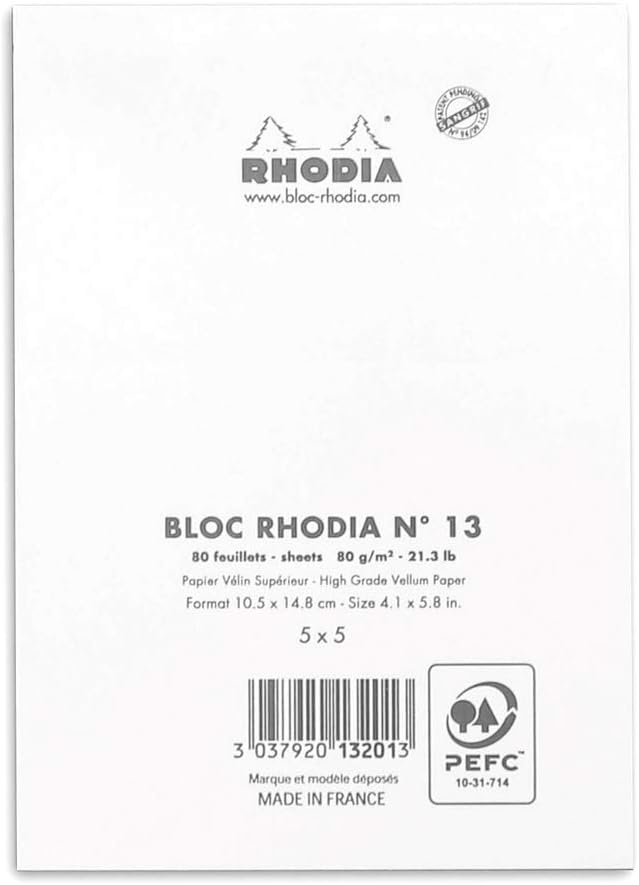 RHODIA 13201C, Stapled Notepad N°13 White, A6, Small Squares, 80 Detachable Sheets, 80G White Clairefontaine Paper, Soft - Image 4