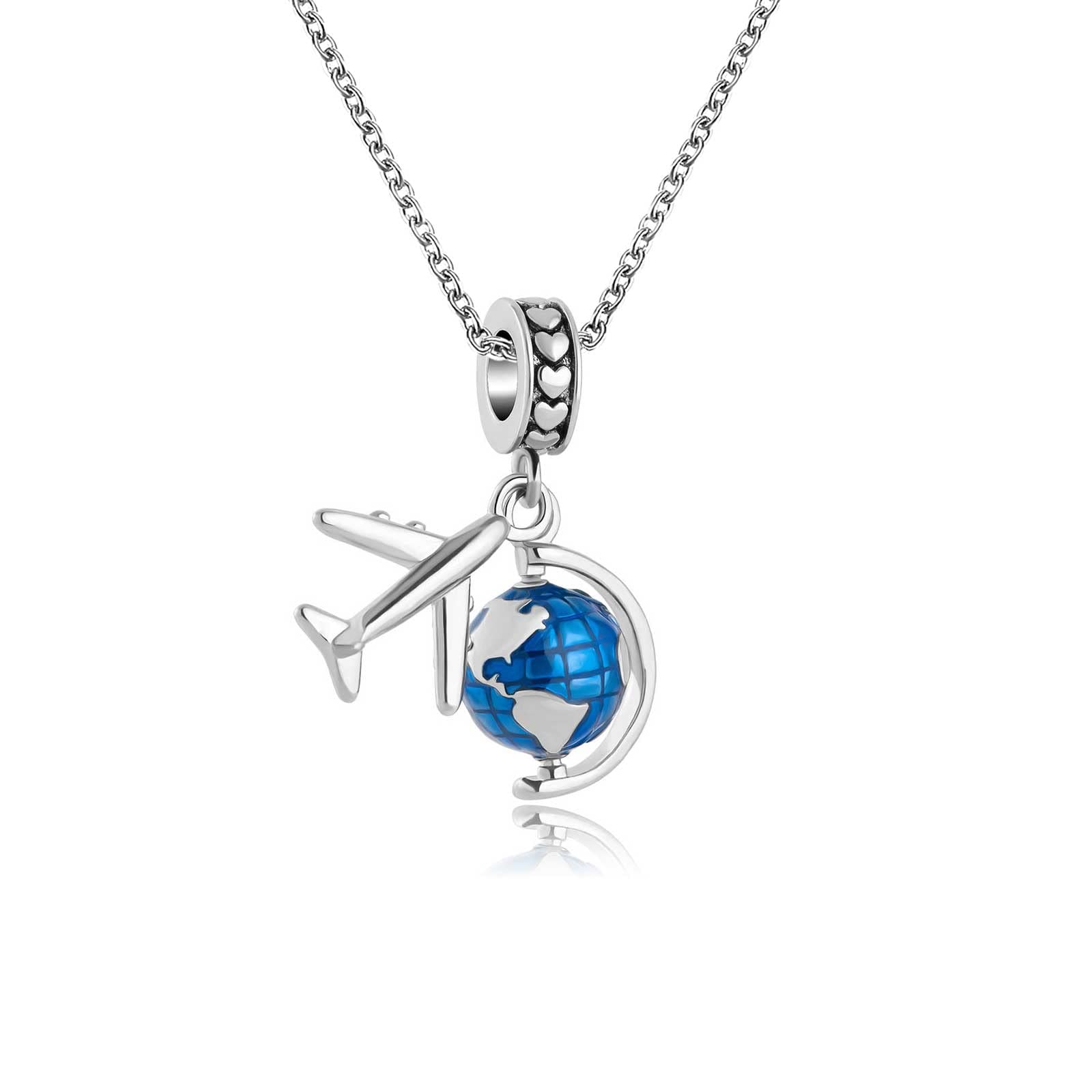 KunBead Jewelry Spinning Earth Airplane Love Heart Travel Charm Pendant Necklace for Women Girls