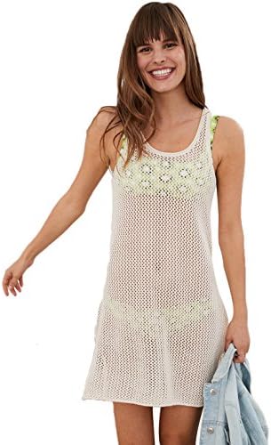 NFASHIONSO Beach Club Crochet Sleeveless Shirt Bikini Cover-up/Beach Dress,Beige