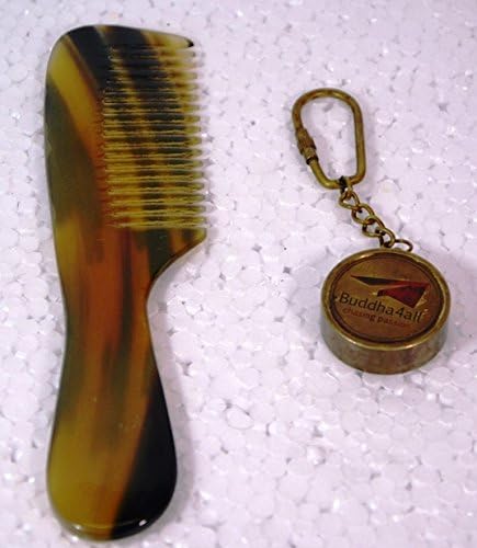 100% Handmade Natural Horn Comb with Handle 7" Pocket Comb, Narrow Tooth, Health &amp; Beauty Comb, Sheep Horn Comb with a Gift(Buddha4all 3.5'' Compass)