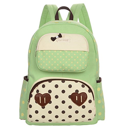 U-TIMES Girls' Cute Dot Pattern Canvas Double Shoulder Backpacks Students Schoolbag(Green)
