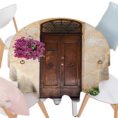 cobeDecor Italian Dinning Round Tabletop DecorRusty Wood Door with Flowers in Italian Town Authentic Nostalgic Building Round Table Cover for Kitchen D50 Cream Lilac Brown