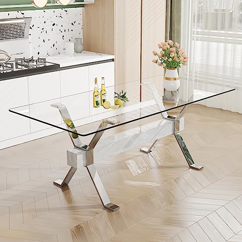 Modern Tempered Glass Dining Table, Large 78.74" Glass Dining Kitchen Table with Silver Plated ...