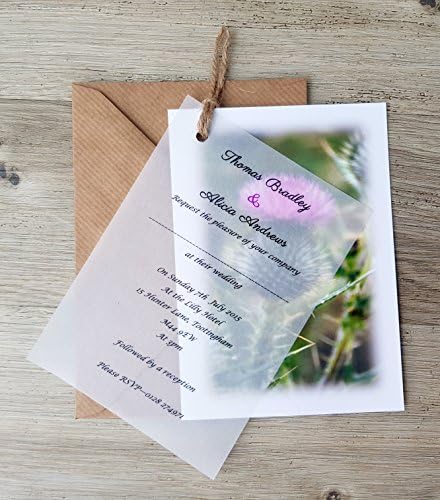 Personalised Handmade A6 Vellum Scottish Thistle Wedding/Evening Invitations with envelopes. (10)