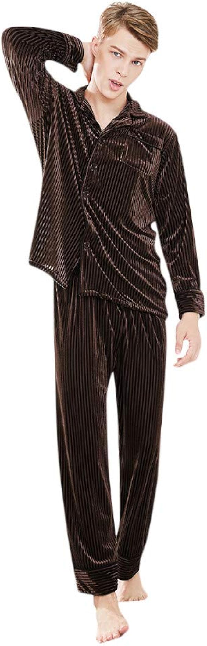 Amazon Aliciga パジャマ メンズ 長袖 前開き ゴールド ベルベット ストライプ柄 高級感 上下 セット 寝間着 シャツ シンプル ルームウェア 部屋着 オールシーズンタイプ おしゃれ メンズプリーツパジャマセット L コーヒー パジャマ 通販