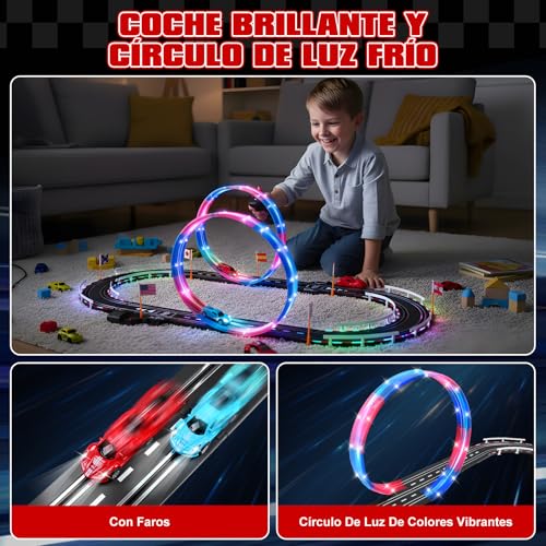 colmanda Electric Racing Track, Illuminated Car Track for Children 1:64 Track Cars -4 LED Cars, 360° Loop, Scart, Counter Turn, Circuit Car Children 3+ Years Toy Gifts (S)