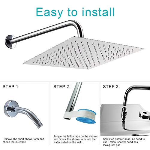 HarJue 12 Inch Rain Shower Head With 15 Inch Extension Arm, Stainless