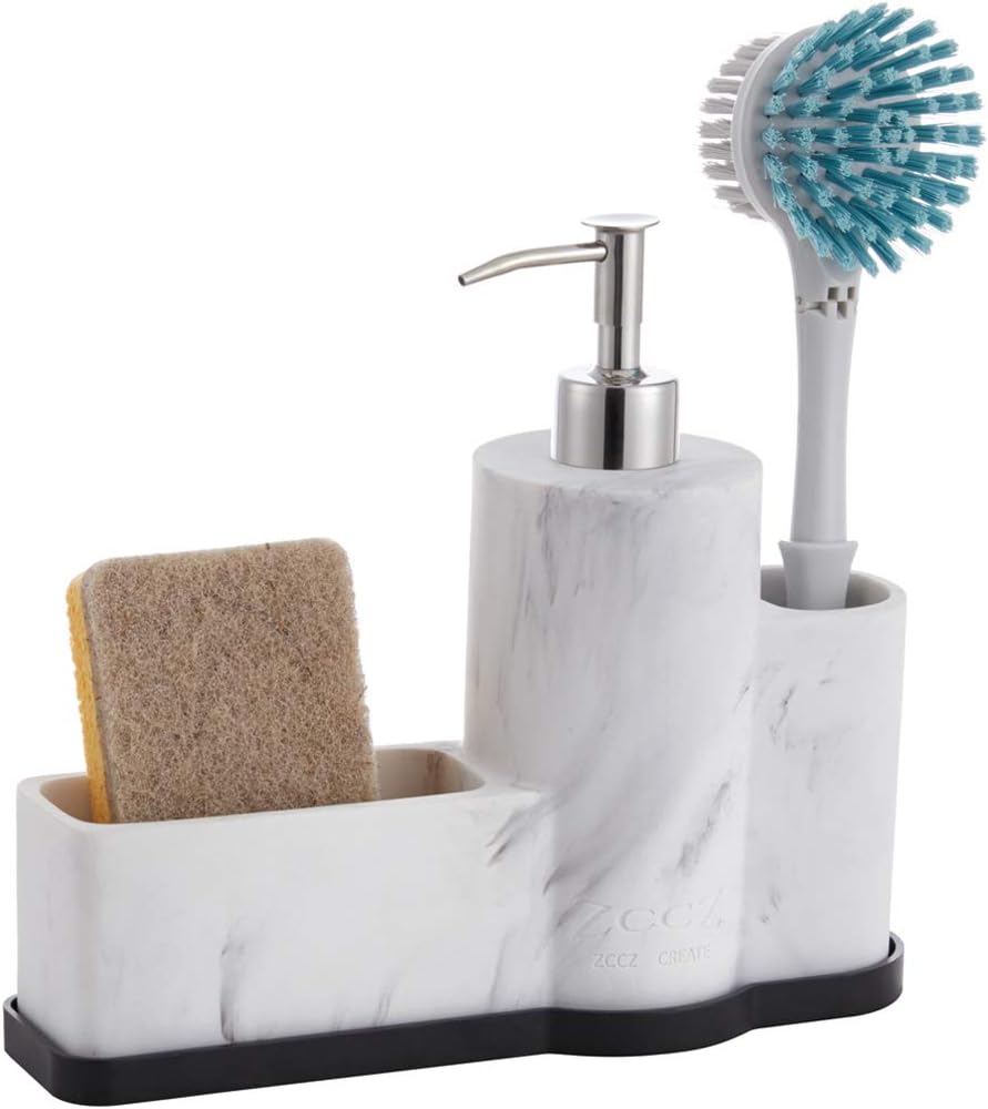 ZCCZ Soap Dispenser with Sponge Holder Brush Holder, Marble Pattern Kitchen Hand and Dish Soap Dispenser Pump Bottle Sponge Scrubber Holder Caddy for Kitchen Sink Bathroom Countertop