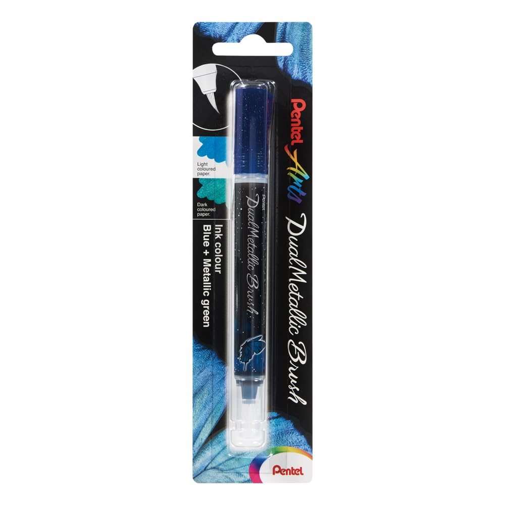 Pentel XGFH-DCX Dual Metallic Brush - Brush Pen Depending on Paper Colour, Filled with Iridescent Glitter Ink, Nylon Fibres, Fine to Wide Stroke, Blue/Metallic Green, Pack of 1 on Blister Card