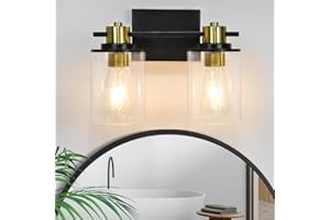 CANMEIJIA 2 Light Bathroom Light Fixtures, Modern Black and Gold Vanity Lights Over Mirror, Wall Sconce Lighting for Bathroom, Bedroom, Hallway with Clear Glass Shade, E26 Base, Bulbs Not Included