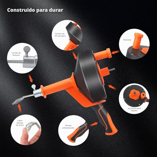 VAYOTOY Professional Pipe Unblocker, 10 m Flexible Spiral Unclogging Pipes for Kitchen Sinks, Bathrooms and Showers. Including Gloves, Bag, Brush