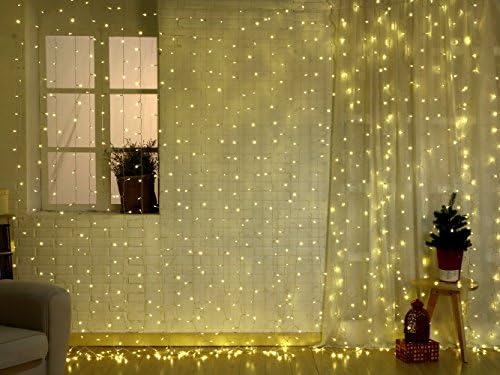 Curtains Icicle Lights with UL Certified Low Voltage Adapter and Remote &amp; Timer, 448 LED 9.8x9.8ft Fairy Lights for Wedding Backdrop Christmas Holiday Party Window Decorations by AOFOX (Warm White)