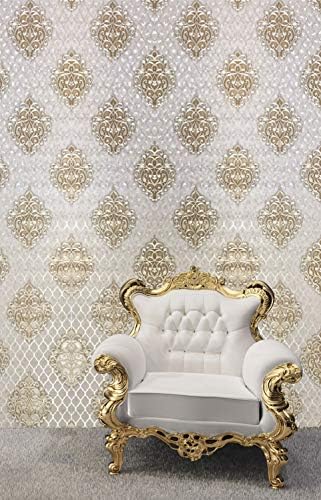 PERFECT DECOR Perfect DÉCOR Modern Damask Design Wallpaper in Ivory Base and Gold Damask Emboss Finish (57 SQFT PER ROLL)
