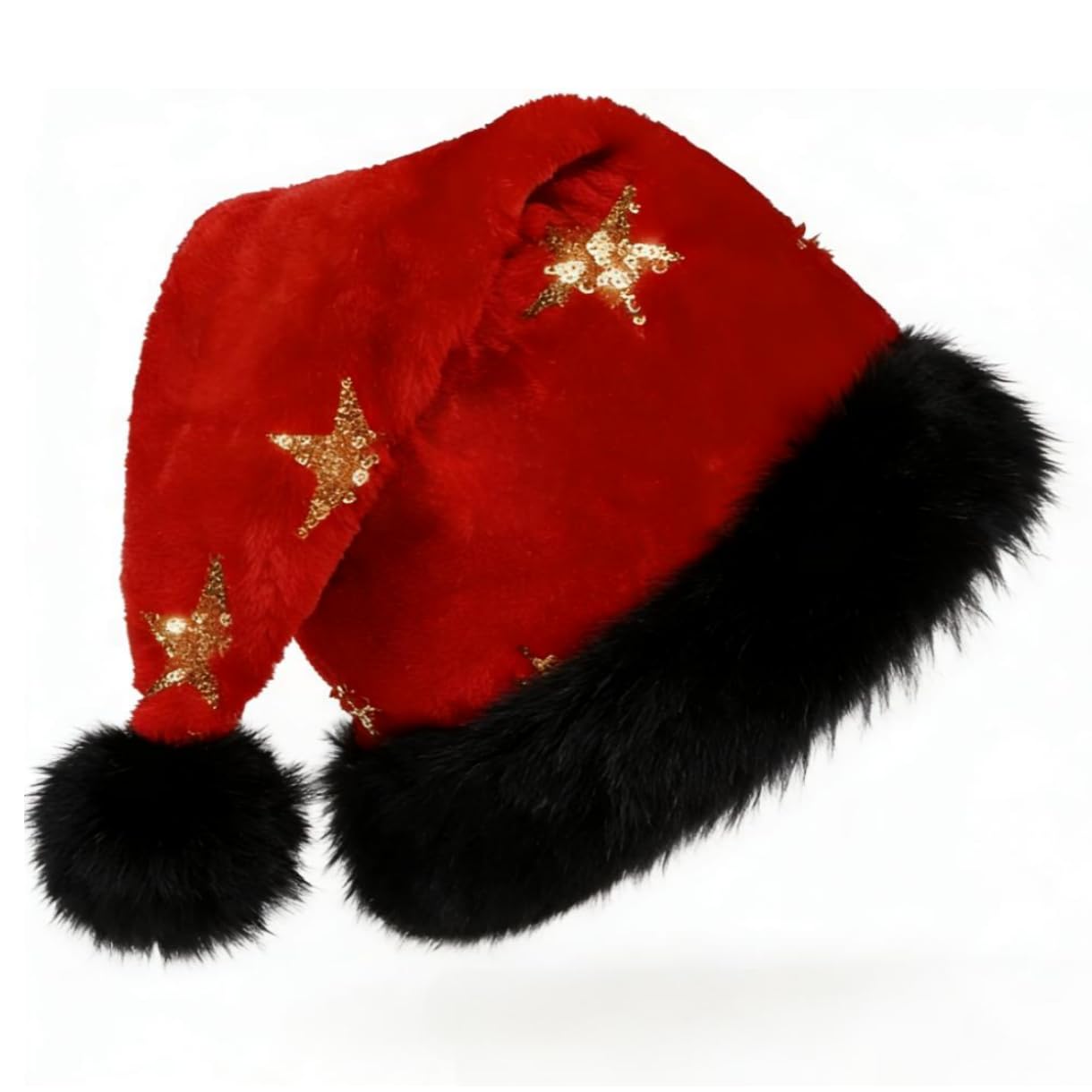 QCHOMEE Adult Christmas Santa Hat with Gold Stars Fluffy Pompom Soft Plush Xmas Cap Red Xmas Hat for Women Men Teens New Year Eve Party