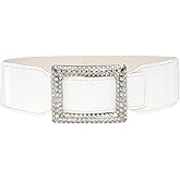 NociHah Women's Wide Elastic Waist Belt for Dresses - Fashion Silver Rhinestone Buckle Belts Stretchy Leather Waistband for Ladies S/M
