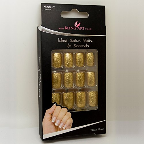 Bling Art Gel False Nails French Manicure Gold Glitter Medium 24 Tips UK - Thumbnail 4