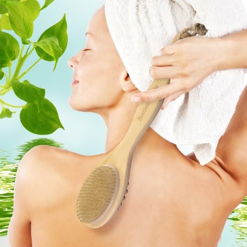 BODY BATH BRUSH to Exfoliate Skin Naturally with 16" Long Handle Back Brush Perfect for DRY BRUSHING &amp; SHOWER | NATURAL BRISTLES Detox for Glowing Skin &amp; Well-Being | Rubber Nubs for Cellulite Control and Massage | Scrub Yourself Healthy &amp; Clean!