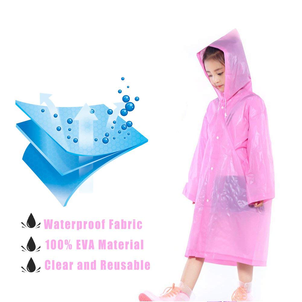 Kids Rain Poncho Raincoats, Lightweight Waterproof Reusable Rain Jacket Coat with Hooded for Girls Boys, Portable Poncho Rainwear for Outdoor/Camping/Hiking/Parks, 2 Pack Blue & Pink Rain Poncho
