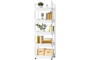 EZ COZY 5 Tier Rolling Cart, Plastic Rolling Utility Cart with Wheels, Durable and Lightweight, Roller Cart with Handle and Lockable Wheels for Kitchen, Bathroom, Living Room and Office, White