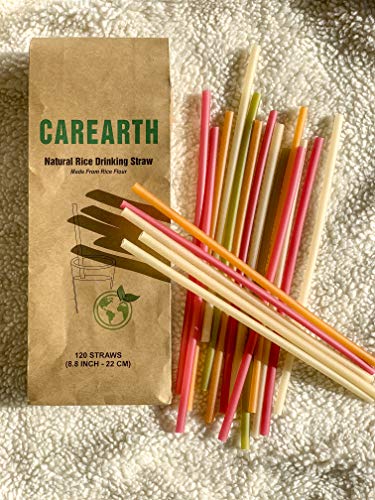 CAREARTH-100% Natural Biodegradable, Eco-Friendly, Edible Rice Drinking Straws-Mix Color-Pack of 120
