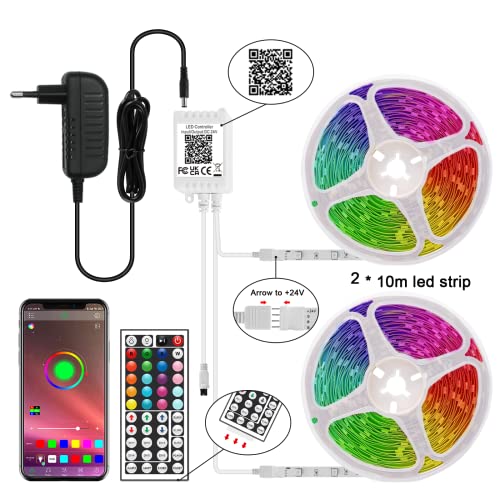 Aourow Ruban LED RGB 20M,LED Chambre de Synchronisation de Musique avec Contrôle D\'application Bluetooth,Bandes LED SMD5050 à Changement de Couleur avec Télécommande IR et Alimentation 24V