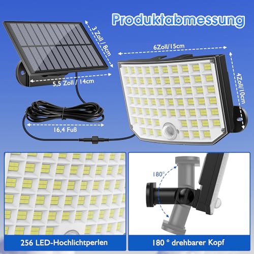 Ortiny Outdoor LED Spotlight with Solar Panel, 256 LED 3Modes Outdoor LED Spotlight with Motion Sensor Waterproof IP65 Solar Light LED Outdoor from the Ground Garden 5 m Cable 2 Pieces