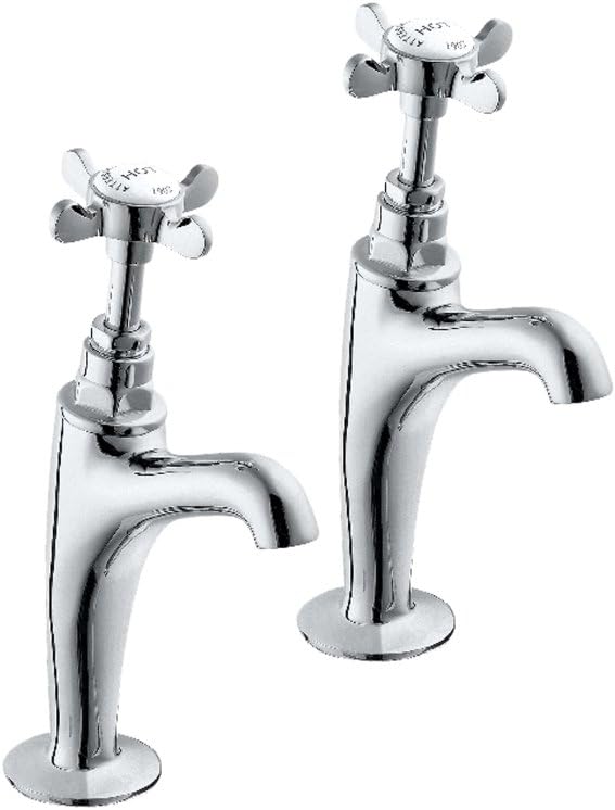 Deva Coronation High Neck Kitchen Sink Taps with Chrome Finish Hot & Cold Traditional Edwardian Era Style Cross Handle Silver Basin Pillar Tap CR27A