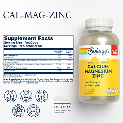 Solaray Calcium Magnesium Zinc Supplement, with Cal & Mag Citrate, Strong Bones & Teeth Support