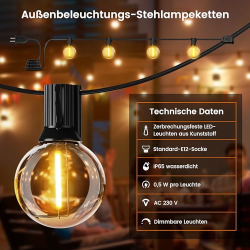 LED Lichterkette Außen 8m/27FT Lichterketten mit Stecker Outdoor Fairy Lights -13 G40 Birnen(1 Ersatzbirne), 2200K Warmweiß, IP65 Wasserdicht & Verlängerbar für Terrasse, Garten & Partys thumbnail 3