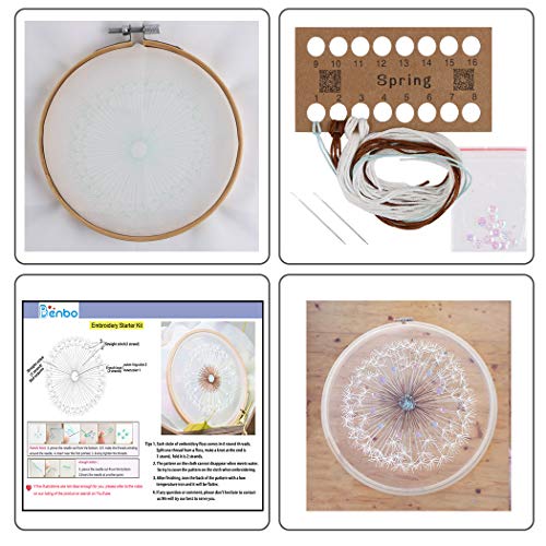 Embroidery Kits for Beginners with Pattern, Benbo Creative Dandelion Hand Embroidery Cross Stitch Needlepoint Crafts Kit with Color Pattern Cloth, Bamboo Embroidery Hoop, Color Threads and Tools Kit