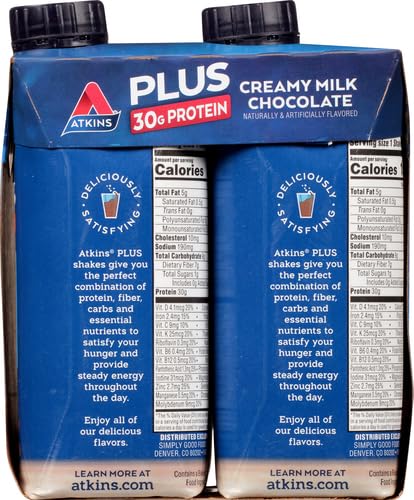 ATKINS, PLUS PROTEIN & FIBER HIGH PROTEIN SHAKE, CREAMY MILK CHOCOLATE, 4 – 11 OUNCE BOTTLES( 44 FL OUNCES )
