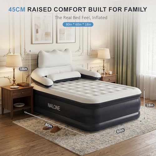 NALONE Inflatable Mattress with Integrated Pump & Integrated Backrest, 2 Seater Inflatable Mattress, Self-Inflating Inflatable Bed for Camping and Home, 195 x 142 x 45 cm (Full) | Self-inflating inflatable bed with built-in headboard, for home and camping, comfortable and compact