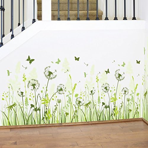 Removable Wall Sticker Peel and Stick Green Grass Dandelion and Butterfly Wall Decal for Living Room