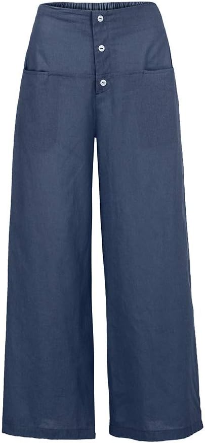 High Rise Stretch Bottoms 2019, Women Palazzo High Waist Wide Leg Culottes Cotton Linen Trousers Loose Pants