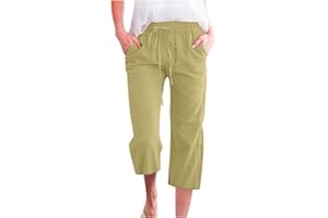 MaMiDay Womens Linen Pants Trendy Summer Capri Pants Beach Vacation Linen Capris Drawsting Elastic Waisted Pants with Pockets