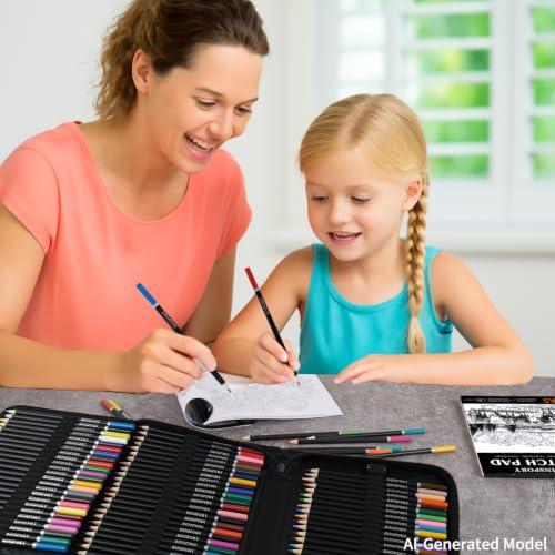 KINSPORY 78PCS Coloring Pencils with 3.0mm Soft Leads, 50-Sheet 3-Color Sketch Book, Sketching Kit with Adjustable Shoulder Strap - Art Set Gift for Adults Artists Beginners Teens Girls Boys