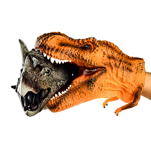 Dlseego Dinosaur Hand Puppets Toys Soft Rubber Realistic Spines Dragon Role Play Toy for Kids and Adult -Triceratops