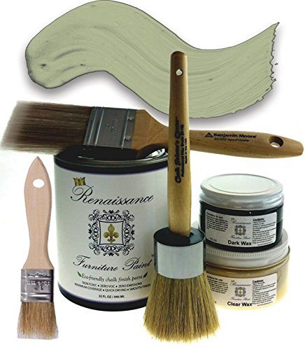 Renaissance Chalk Furniture Paint Deluxe Starter Kit - 32oz Paint/8oz Clear Wax/4oz Dark Wax/2" Paint Brush/1.5" Wax Brush/1" Detail Wax Brush! - Terre Verte (DSK)