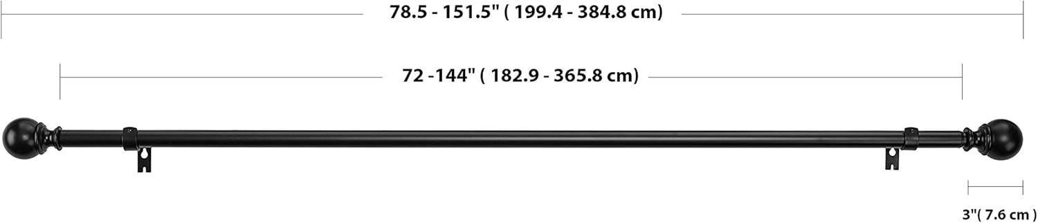 Basics 1" Curtain Rod with Round Finials - 72" to 144", Black: Home & Kitchen