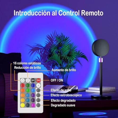 Miortior Lampara Sunset, Lampara Atardecer de Proyección de 16 Colores, 4 Modos, Rotación de 180° y Control Remoto, Luz de la Atmósfera del Sunset para Selfies, Fotografía, Decoración, Dormitorio