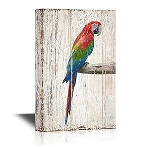 Birds and Poultry Canvas Wall Art - Colorful Parrot Standing on Tree Branch - Vintage Wood Style Giclee Print Gallery Wrap Modern Home Art | Ready to Hang - 12x18 inches