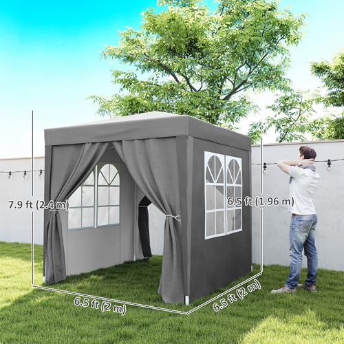 Outsunny 6.6'x6.6' Pop Up Canopy Tent with Sidewalls, Instant Sun Shelter Camping Gazebo with Carry Bag, for Outdoor, Garden, Patio, Grey