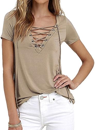dextrad Hot Womens Sexy Solid Short Sleeve Deep V Neck Lace Up Bandage Shirt Blouse Top Brown(US 6-8) L