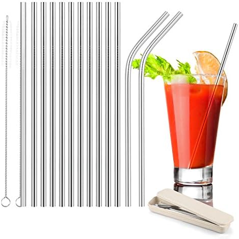 Stainless Steel Straws(Set of 12), 8.5" Reusable Metal Drinking Straws by Alrigon, Fits Yeti, RTIC 20 Ounce Tumbler (10 Straight + 2 Bent + 2 Brushes+ 1 Storage Box)