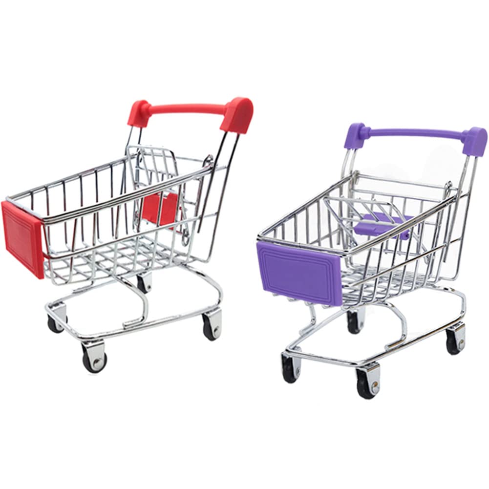 Photo 1 of Mini Supermarket Handcart, 2 Pcs Mini Shopping Cart Supermarket Handcart Shopping Utility Cart Mode Desk Storage Toy Holder(Red&Purple)