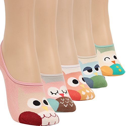 WOWFOOT Women Animal Design No-Show Casual Liner Socks Character Print Non Slip Flat Boat 4 Pair (5pair-owl) - Thumbnail 7